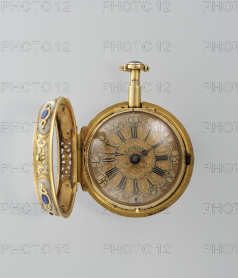 Double-case pocket watch in fabric-covered box, Cabrier, Charles (fl. 1697–1726), pocket watch, 1720s, Great Britain — England, London; case, timepiece