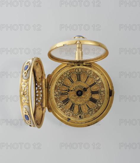 Double-case pocket watch in fabric-covered box; Charles Cabrier (fl. 1697–1726); pocket watch; 1720s; Great Britain—England, London; case; timepiece