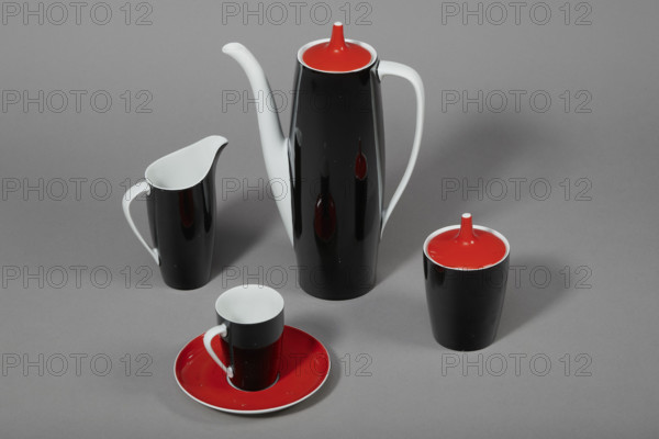'Goplana' coffee set, Cmielów SA Porcelain and Ceramic Products Factory (1920–1939; 1946–1951), manufacturer Potacki, Wincenty (1904–2001), style 1955–1965, Polish colored porcelain, 1960–1962, Cmielów, vessel