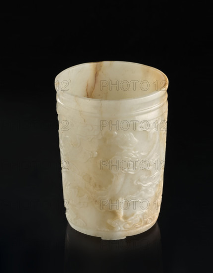 Brush vessel, by Fyodor Vasilyevich Rubiec-Masalsky (1865-1920?), Chinese, Qing (1644–1911) style, 19th century, China. Portrays bats, dragons, phoenixes (fenghuang), clouds; associated with writing instruments, officials, scholars, Chinese symbols. Vessel; height 12.2 cm, width 9.0 cm.