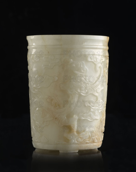 Brush vessel, Chinese, Qing (1644–1911), 19th century. Painted with bats, dragons, phoenix (fenghuang), clouds; associated with writing instruments, officials, scholars; Chinese symbols; Qing (style). Height 12.2 cm, width 9.0 cm. Maker: Fyodor Vasilyevich Rubiec-Masalsky (1865–1920?) and George Tulisov (1943– ) noted (attributions/associations).