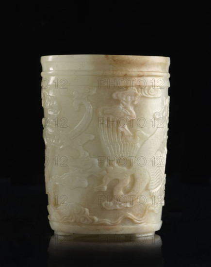 Brush vessel, Chinese, Qing (1644–1911), 19th century, attributed to Fyodor Vasilyevich Rubiec-Masalsky (1865–1920?) and George Tulisov (1943– ), decorated with bats, dragons, phoenixes (fenghuang), clouds; associated with writing instruments, officials, scholars; Chinese symbols; Qing (style); vessel; height 12.2 cm, width 9.0 cm