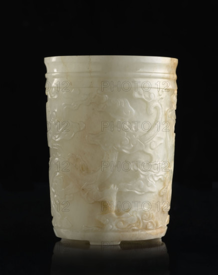 Brush vessel, Chinese, Qing (1644–1911), 19th century. Porcelain vessel (height 12.2 cm, width 9.0 cm) decorated in Qing style with bats, dragons, phoenixes (fenghuang), clouds; associated with scholars/officials and writing instruments; inscribed/attributed to Fyodor Vasilyevich Rubiec-Masalsky (1865–1920?) and George Tulisov (1943– )?