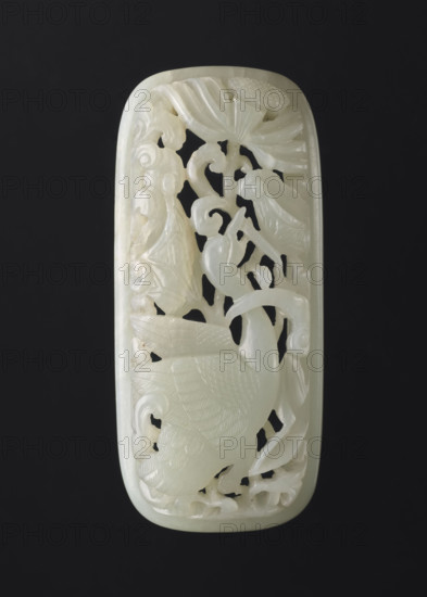 Plaque, Rubiec-Masalski, Fyodor Vasilyevich (1865-1920?), Chinese art, Chinese, Tulisov, Jerzy (1943- ), Qing (1644-1911), birds, lotuses, geese, openwork, water birds, happiness (symbol), Qing (style), Chinese symbols, 19th century, China, sculpture, height 8.7 cm, width 4.0 cm, depth 1.5 cm