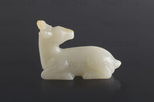 Deer paperweight, Fyodor Vasilyevich Rubiec-Masalski (1865–1920?), Chinese, Tulisov, George (1943– ), Qing (1644–1911), 18th–19th century, China; sculpture of a deer; materials: likely related to Chinese art, functions as a paperweight for scholars; subjects: animals, Immortals, writing instruments, deer figurine; style: Qing (style); dimensions: height 5.7 cm, width 4.1 cm.