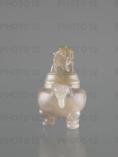 Ding-type incense burner with cover; decorated with lions and ceremonial vessel motifs; fo and incense burner imagery; Chinese; 20th century; decorative vessel; height 12.0 cm, width 11.0 cm, depth 7.5 cm