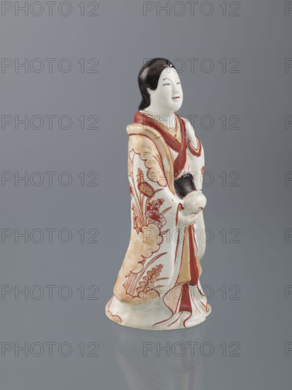 Beauty (bijin), Japanese, Edo (1603–1868), imari figurine of a woman (bijin) with plant ornament, wearing kimonos; 19th century (Edo period), Japan. Height 24.0 cm; width 10.0 cm; depth 9.0 cm.