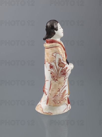 Beauty (bijin), Japanese, Edo period (1603–1868), 19th century; imari porcelain figurine of a woman (bijin) adorned with plant ornamentation on kimonos; height 24.0 cm, width 10.0 cm, depth 9.0 cm.