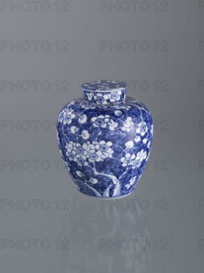 Ginger vessel with lid; Chinese; Qing dynasty (1644–1911); 19th century; spice vessel; decorative vessel; cracked-ice ornament; plum tree motif; porcelain; height 17.5 cm; width 14.0 cm WQXBCFS