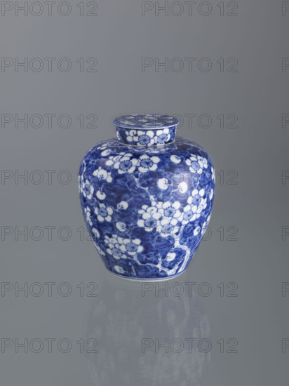 Ginger vessel with lid; Chinese; Qing dynasty (1644–1911); 19th century; spice vessel; decorative vessel; cracked-ice ornament; plum trees; porcelain vessel; height 17.5 cm, width 14.0 cm