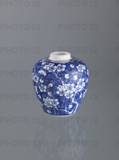 Ginger vessel with lid; Chinese; Qing (1644–1911); spice vessel; decorative vessel; cracked ice ornament; plum trees; 19th century China; height 17.5 cm; width 14.0 cm WQXBCFS
