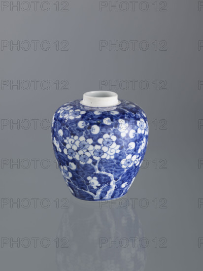 Ginger vessel with lid; Chinese, Qing dynasty (1644–1911); 19th century; porcelain spice vessel; decorative cracked-ice ornament; plum tree decoration; height 18.0 cm, width 15.0 cm.