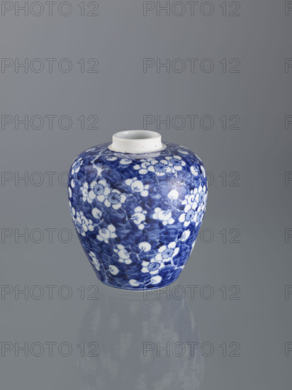 Ginger vessel with lid; Chinese; Qing dynasty (1644–1911); 19th century; spice vessel / decorative vessel; cracked ice ornament; plum trees motif; porcelain; height 18.0 cm, width 15.0 cm