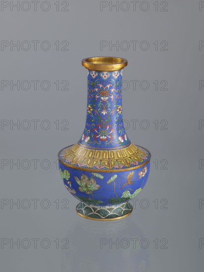 Vase; maker: Rubiec-Masalski; artist: Fyodor Vasilyevich (1865–1920?) and Tulisov, Jerzy (1943– ); Chinese art; Chinese; Qing dynasty (1644–1911); Boxer Rebellion (1899–1901); decoration: lotuses, lotus tendril (ornament), plant tendril, flower tendril, waves; technique/material: cloisonné (enamel); 19th century; China; vessel; height 22.7 cm, diameter 12.5 cm