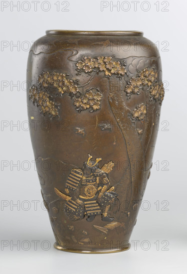 Vase by Rubiec-Masalski and Fyodor Vasilyevich (1865–1920?) and Jerzy Tulisov (1943– ), Japanese, Meiji period (1868–1912), late 19th century, bronze vessel with motifs of trees, pines, flowers, sakura, samurai, birds, and boats; height 15.6 cm, diameter 10.7 cm.