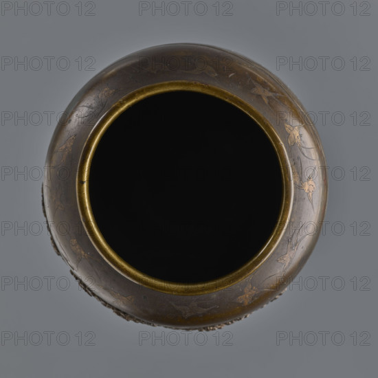 Vase; maker(s): Rubiec-Masalski, Fyodor Vasilyevich (1865–1920?); Tulisov, Jerzy (1943– ); Japanese art, Meiji period (1868–1912), late 19th century; materials: bronze; subject/design: trees, pines, flowers, sakura, samurai, birds, boats; function: vessel; dimensions: height 15.6 cm, diameter 10.7 cm; culture: Japanese.