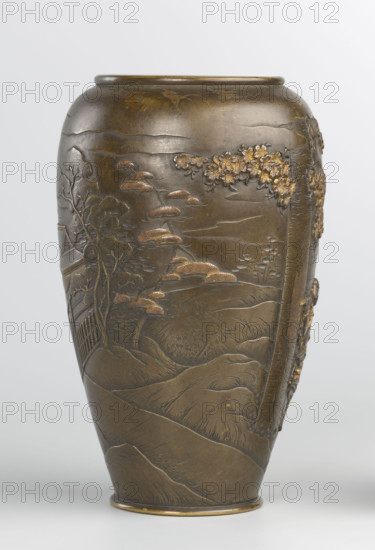 Vase; maker(s): Rubiec-Masalski, Fyodor Vasilyevich (1865–1920?) and Tulisov, Jerzy (1943– ); Japanese, Meiji period (1868–1912), late 19th century; materials/styles: bronzes; subject/decoration: trees, pines, flowers, sakura, birds, samurai, night, moon; function: vessel; dimensions: height 15.6 cm, diameter 10.7 cm.