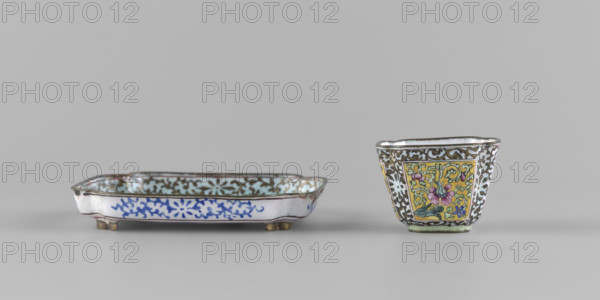 Bowl with saucer, Chinese, Qing (1644–1911), painted enamel, plant ornament with peonies and plant tendril, 18th century, China; bowl: height 3.4 cm, width 4.7 cm; saucer: length 9.7 cm, width 9.7 cm.