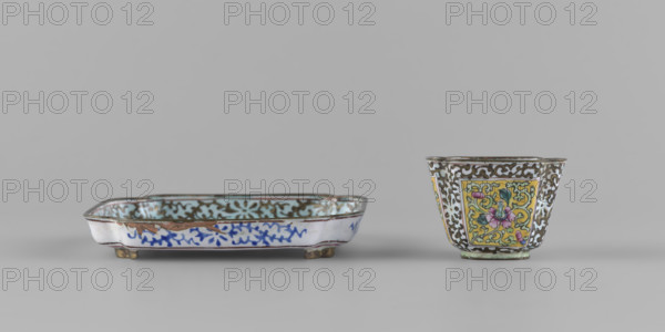 Bowl with saucer; painted enamel; plant ornament with peonies and plant tendril; 18th century Qing dynasty (1644–1911), China; bowl height 3.4 cm, bowl width 4.7 cm; saucer 9.7 × 9.7 cm. Maker: Ignacy Jan Paderewski (1860–1941) mentioned in inscription.