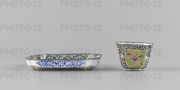 Bowl with saucer; painted enamel; plant ornament with peonies and tendril; Qing dynasty (1644–1911), 18th century; China; bowl height 3.4 cm, bowl width 4.7 cm; saucer length 9.7 cm, saucer width 9.7 cm.