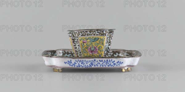 Bowl with saucer; painted enamel; plant ornament (peonies, plant tendril); Qing dynasty (1644–1911), 18th century China; bowl height 3.4 cm, width 4.7 cm; saucer length 9.7 cm, width 9.7 cm. Maker: Ignacy Jan Paderewski (1860–1941) [name appears associated].