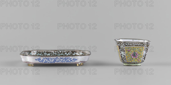 Bowl with saucer; maker: Ignacy Jan Paderewski (1860–1941); Chinese, Qing (1644–1911); painted enamel on porcelain; decoration: peonies and plant tendrils (plant ornament); 18th century; China; function: vessel; dimensions — bowl: H 3.4 cm, W 4.7 cm; saucer: L 9.7 cm, W 9.7 cm.