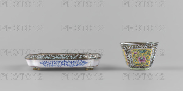 Bowl with saucer; painted enamel; plant ornament with peonies and plant tendril; Qing dynasty (1644–1911), 18th century; China; bowl height 3.4 cm, bowl width 4.7 cm, saucer length 9.7 cm, saucer width 9.7 cm; associated with Ignacy Jan Paderewski (1860–1941).