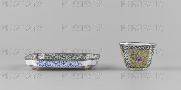 Bowl with saucer; painted enamel; plant ornament with peonies and plant tendril; Chinese, Qing (1644–1911), 18th century; bowl: height 3.4 cm, width 4.7 cm; saucer: length 9.7 cm, width 9.7 cm.