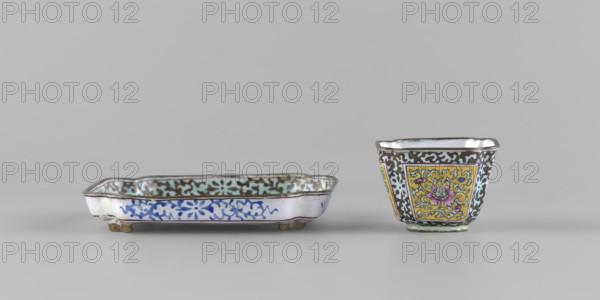 Bowl with saucer, Chinese, Qing (1644–1911), painted enamel, plant ornament with peonies and plant tendril, 18th century, China; bowl: height 3.4 cm, width 4.7 cm; saucer: length 9.7 cm, width 9.7 cm.