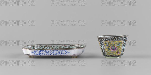 Bowl with saucer; painted enamel; plant ornament with peonies and tendril; Qing dynasty (1644–1911), 18th century China; bowl height 3.4 cm, width 4.7 cm; saucer length 9.7 cm, width 9.7 cm.