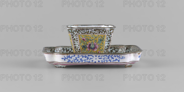 Bowl with saucer; Chinese; Qing (1644–1911); painted enamel; 18th century; subject: plant ornament—peonies and plant tendril; vessel. Dimensions: bowl H 3.4 cm, W 4.7 cm; saucer L 9.7 cm, W 9.7 cm.