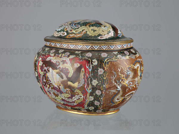 Vase with cover, Japanese art, Meiji (1868–1912), cloisonné (enamel); decorated with hoo (phoenix), flowers, plant ornaments, geometric ornament, dragons (Japanese dragon motif); late 19th century (Meiji period), Japan; vessel; height 6.0 cm, width 26.0 cm, depth 19.5 cm