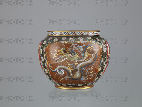Vase with cover; Japanese; Meiji period (late 19th century, 1868–1912); cloisonné enamel; decorated with hoo (phoenix), dragons (Japanese dragon motif), flowers, plant ornaments and geometric ornament; vessel; height 6.0 cm, width 26.0 cm, depth 19.5 cm.