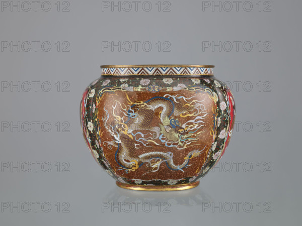Vase with cover; Japanese; Meiji period (late 19th century, 1868–1912); cloisonné enamel; decorated with hoo (phoenix), flowers, plant ornaments, geometric ornament, dragons, Japanese dragon motif; vessel; height 6.0 cm, width 26.0 cm, depth 19.5 cm.