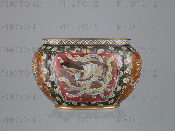 Vase with cover; Japanese; Meiji period (late 19th century, 1868–1912); cloisonné (enamel); decoration: hoo (phoenix), flowers, plant ornaments, geometric ornament, dragons (Japanese dragon motif); vessel; dimensions: height 6.0 cm, width 26.0 cm, depth 19.5 cm.