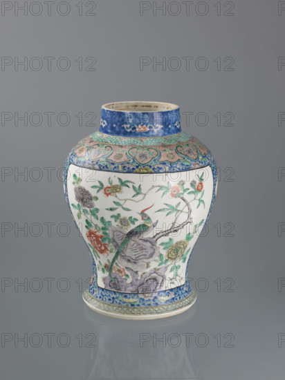 Vase, Chinese, Qing (1644–1911), early 20th century; decorative vessel painted with lotuses, peonies, chrysanthemums, plum trees, birds, flowers, and peacocks; height 35.5 cm, diameter 13.0 cm (spout)