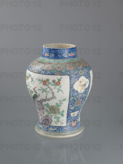 Vase, Chinese, Qing (1644–1911), early 20th century; decorative vessel depicting lotuses, peonies, chrysanthemums, plum trees, birds, flowers, and peacocks; height 35.5 cm, diameter 13.0 cm (spout)