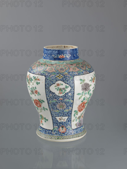 Vase, Chinese art, Chinese, Qing (1644–1911), lotuses, peonies, chrysanthemums, plum trees, birds, flowers, peacocks, early 20th century, China, decorative vessel, height 35.5 cm, diameter 13.0 cm (spout)