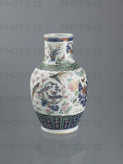 Vase, Chinese, Qing (1644–1911), 19th century, porcelain decorative vessel, height 39.5 cm, diameter 18.5 cm; decorated with peonies, phoenixes, butterflies, lotuses, plum trees, cranes, chrysanthemums, birds, and meander ornament.