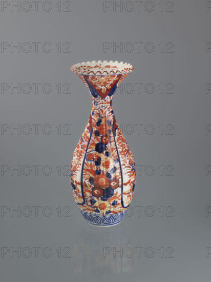 Vase with peonies, Imari style, Meiji period (1868–1912), decorated with sakura and phoenix (hoo) motifs, floral and plant designs; Japan, 19th–20th century; vessel; height 38.0 cm, diameter 14.0 cm