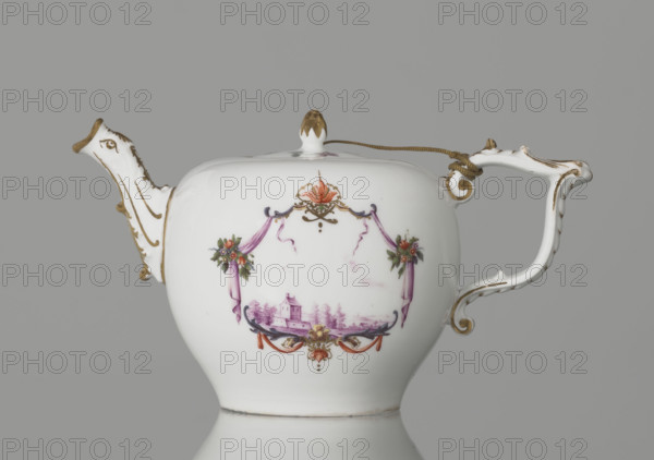 Teapot with lid, Koenigliche Porzellain Fabrique, Meissen (1710–1763); ca. 1750. Porcelain teapot with a spherical belly tapering toward the base and flattened at the top, with a recessed flat lid topped by a pine-cone–shaped handle. Bipartite handle with plastic rocaille, mounted on the belly with volutes. Zoomorphic spout with relief acanthus-leaf motifs and a spout-head with a wide open mouth. Both sides of the body feature cartouche frames showing two purple draperies suspended from the sides by small bouquets of flowers and dry rocailles, topped and bottomed on the symmetry axis by brick-red draperies suspended by plant branches. Within the cartouches are purple camaieu miniature landscapes with architecture: (1) a building with a defensive wall; (2) half-timbered buildings with a tower and a three-span bridge. Small colorful ornamental plant motifs under the handle and spout; two woodcut flowers and two insects on the top of the lid; a small branch with a blue flower on the belly...