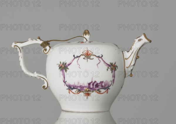 Teapot with lid, Koenigliche Porzellain Fabrique, Meissen (1710–1763); ca. 1750. Porcelain teapot with a spherical belly tapering toward the base and flattened at the top; recessed flat lid with a pine-cone–shaped handle. Bipartite handle with plastic rocaille, mounted with volutes; zoomorphic spout with relief acanthus motifs and a spout-head with a wide open mouth. Both sides of the body bear cartouche frames featuring two purple draperies suspended from the sides by small bouquets of flowers and dry rocailles, topped along the axis of symmetry with brick-red draperies suspended by plant branches. Within the cartouches are purple camaïeu miniature landscapes with architecture: (1) a building with a defensive wall; (2) half-timbered buildings with a tower and a three-span bridge. Small colorful ornamental plant motifs under the handle and spout, two woodcut flowers and two insects on the top of the lid, and a small branch with a blue flower on the belly above the spout. Spout, handle,...