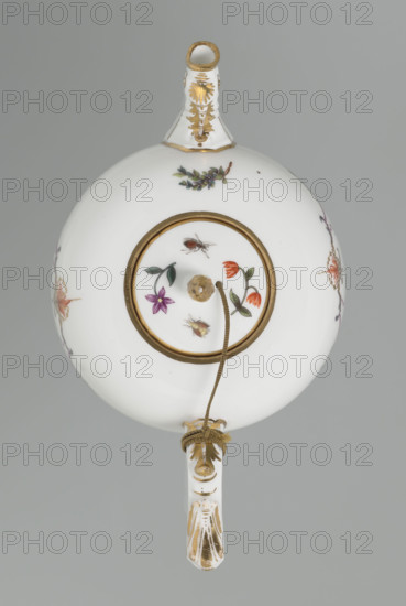 Teapot with lid, Koenigliche Porzellain Fabrique, Meissen (1710–1763); circa 1750. Porcelain teapot with a spherical belly tapering toward the base and flattened at the top; recessed flat lid with a pine-cone-shaped handle; bipartite handle with modeled rocaille, mounted with volutes; zoomorphic spout with relief acanthus motifs and a spout-head with a wide open mouth. Both sides of the body bear cartouche frames with two purple draperies suspended from the sides by small bouquets of flowers and dry rocailles, topped and bottomed on the symmetry axis by brick-red draperies suspended by plant branches. Within the cartouches are purple camaïeu miniature landscapes with architecture: (1) a building with a defensive wall; (2) half-timbered buildings with a tower and a three-span bridge. Small colorful ornamental plant motifs under the handle and spout, two woodcut flowers and two insects on the top of the lid, and a small branch with a blue flower on the belly above the spout. Spout, handl...