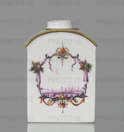 Four-sided tea bowl, Koenigliche Porzellain Fabrique, Meissen (circa 1750), manufacturer. Tea bowl with a rectangular base, semicircular arched top, circular opening and short hoop neck (lid-closure missing). On the larger walls, cartouche frames with two purple draperies suspended at the sides on small flower bouquets and dry rocaille, topped along the axis of symmetry with brick-red draperies suspended on both sides on plant branches. The cartouches feature purple camaieu landscape miniatures with architecture and staffage: 1) a multi-span bridge with a cross and a figure on the left; 2) on a rocky outcrop, a structure resembling a three-stepped tower. On the smaller walls and on both sides of the neck's vault are colorful ornamental emblems with plant motifs and palmettes. Edges of the vault and the step around the neck are gilded with gold trim. Porcelain; height 10.5 cm, width 7 cm, depth 4.6 cm.