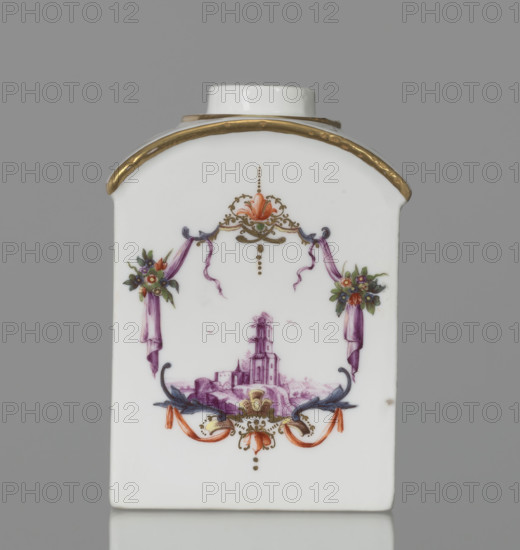 Four-sided tea bowl, Meissen (circa 1750), manufacturer possibly Koenigliche Porzellain Fabrique; porcelain tea bowl with rectangular base, semicircular arched sides, circular opening and short hoop neck (lid missing). On larger walls, cartouche frames with two purple draperies suspended at the sides on small flower bouquets and dry rocaille, topped and bottomed on the axis of symmetry with brick-red draperies suspended on plant branches. Cartouches feature purple camaieu landscape miniatures with architecture and staffage: 1) a multi-span bridge with a cross and a figure on the left; 2) on a rocky outcrop, a structure resembling a three-stepped tower. Smaller walls and both sides of the neck vault bear colorful ornamental emblems with plant motifs and palmettes. Edges of the vault and the step around the neck are gilded. Dimensions: height 10.5 cm, width 7 cm, depth 4.6 cm. Makers/dates noted 1710–1763 (manufacturer active).