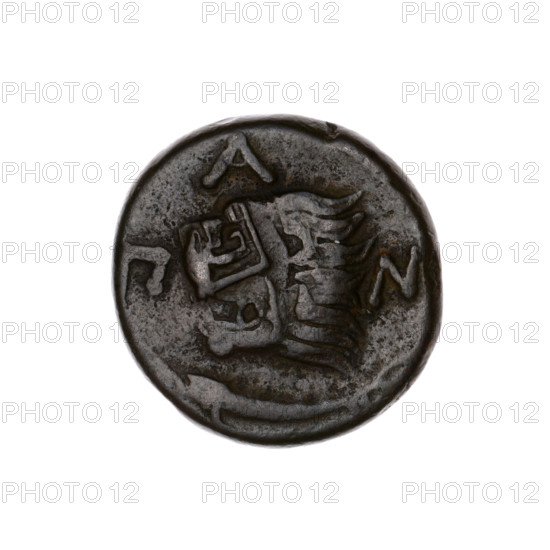 Bronze coin, Pantikapaion; obverse: head of a beardless Satyr in an ivy wreath facing left with a twelve-pointed star countermark; reverse: lion's head with gaping mouth facing left, below it a sturgeon facing left, letters at sides and top, countermark on the head (bow in a quiver). Iconography: Satyr's head, lion's head, countermarks, bow in a quiver, stars, fish (sturgeon), twelve-pointed star, quivers, gorytos, bows, weapons. Subject/period: Satyr (mythology), lions, animals; early 3rd century BC, Cimmerian Bosporus, Pantikapaion. Coin, diameter 19.4–20.1 mm, weight 7.70 g, axis 330°.