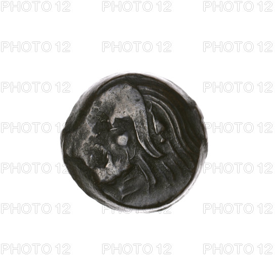 Bronze coin, Pantikapaion; obverse: head of bearded Satyr to left; reverse: bull's head to left with letters on sides and top; iconography: Satyr's head, bull's head; subjects: Satyr (mythology), bulls, animals; early 3rd century BC, Cimmerian Bosporus; diameter 16.9–17.1 mm, weight 4.94 g, axis 30°.