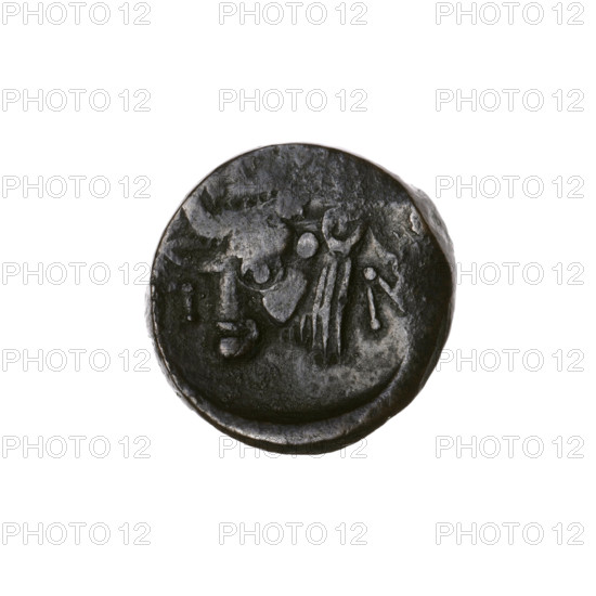 Bronze coin, Pantikapaion; obverse: head of bearded satyr left; reverse: bull's head left with letters on sides and top; iconography: satyr's head, bull's head; mythology: satyr, bulls, animals; early 3rd century BC, Cimmerian Bosporus; diameter 16.9–17.1 mm, weight 4.94 g, axis 30°.