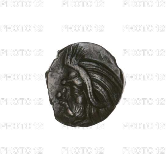 Bronze coin, Pantikapaion; obverse: head of bearded Satyr to the left; reverse: bull head to the left with letters on the sides and top; iconography: Satyr, bull head; region: Cimmerian Bosporus, Black Sea; subject: bulls, animals; early 3rd century BC; diameter ~18.1 mm and 17.2 mm; weight 4.18 g; axis 150°.