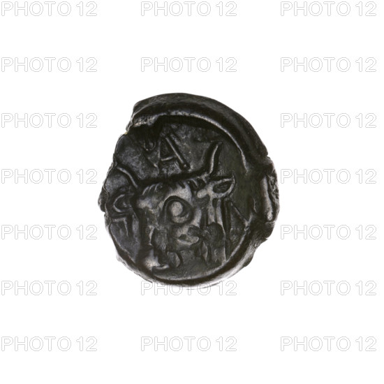 Bronze coin, Pantikapaion; obverse: head of bearded Satyr to the left; reverse: bull head to the left with letters on the sides and top. Iconography: Satyr, bull head, animals. Early 3rd century BC, Cimmerian Bosporus. Diameter 18.1 mm; diameter 17.2 mm; weight 4.18 g; axis 150°.